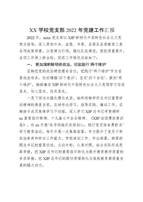 XX学校党支部2022年党建工作汇报