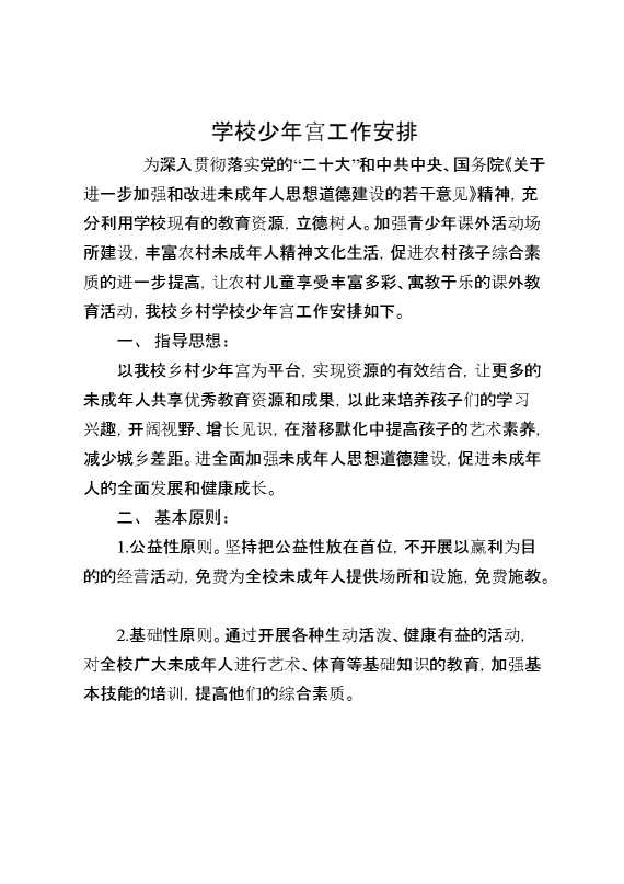 学校少年宫工作安排
