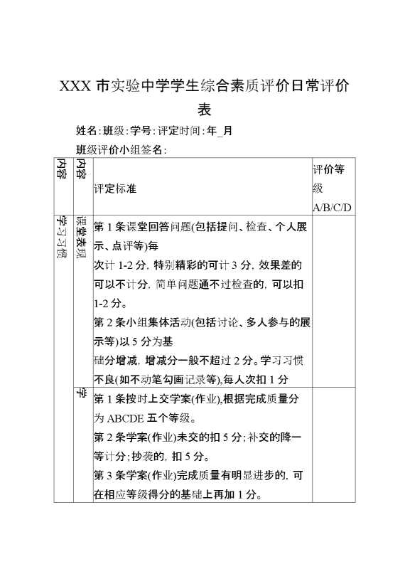 中学学生综合素质评价日常评价表