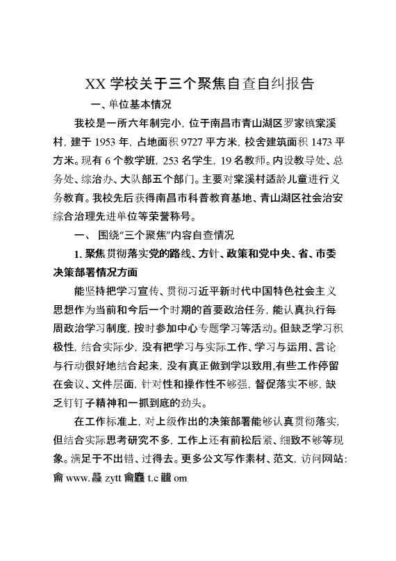 XX学校关于三个聚焦自查自纠报告