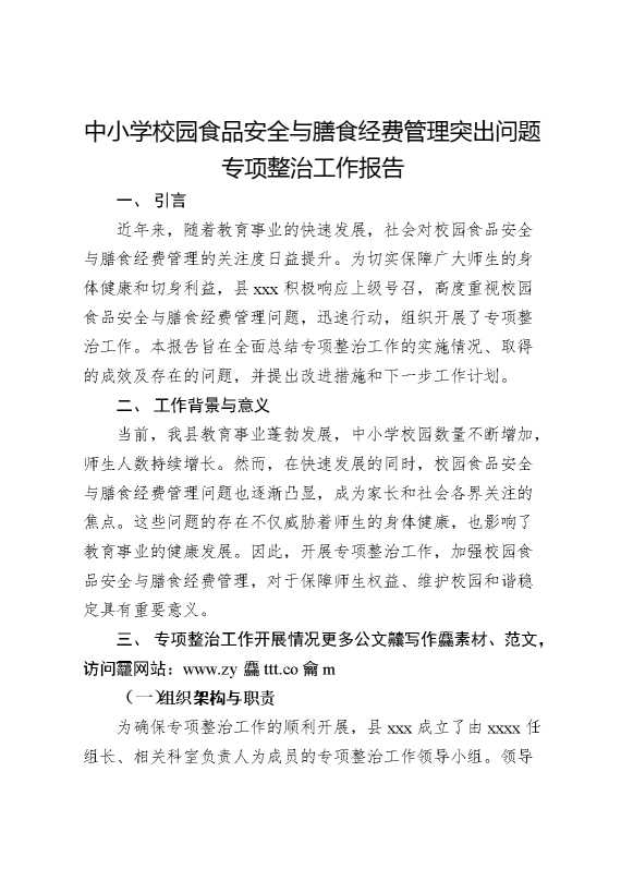 中小学校园食品安全与膳食经费管理突出问题专项整治工作报告