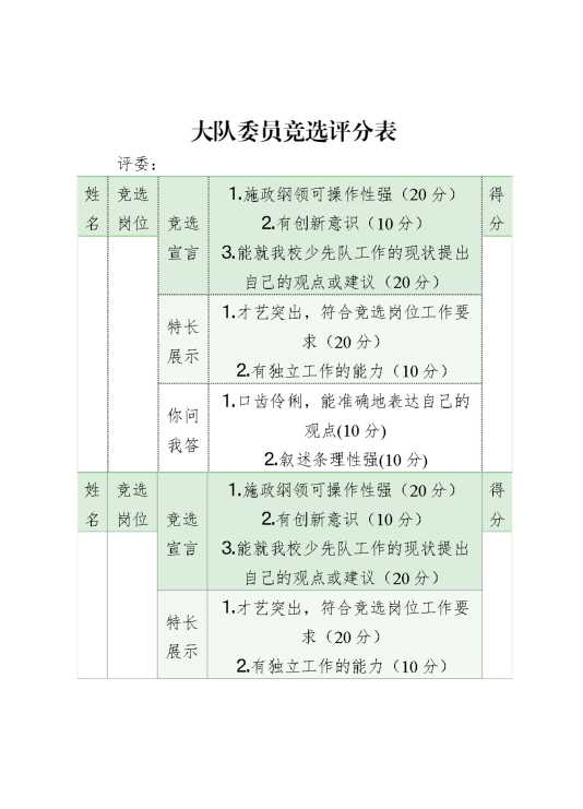 2024少先队大队委员竞选评分表
