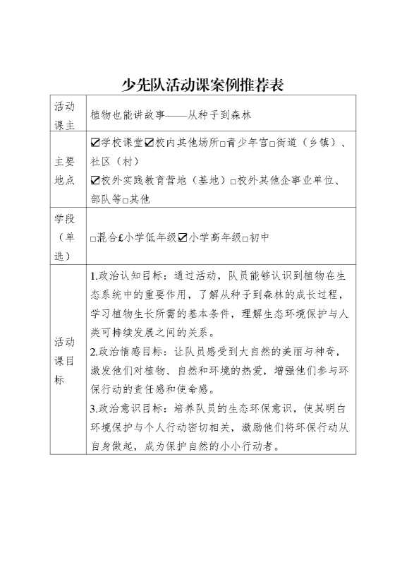 少先队活动课案例推荐表