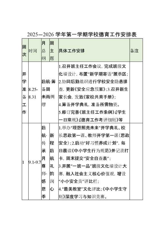 2025年秋季学期学校德育工作安排表