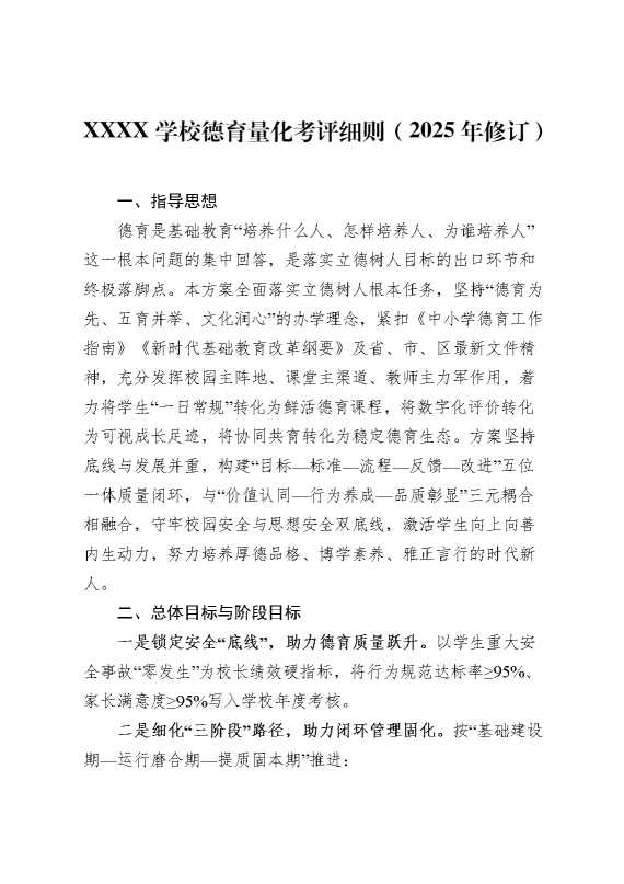 XX学校德育量化考评细则（2025年修订）
