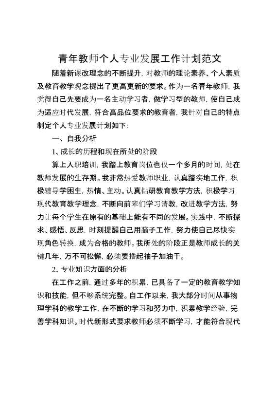 青年教师个人专业发展工作计划范文