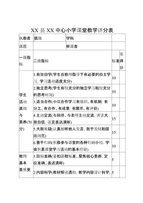 小学课堂教学评分表