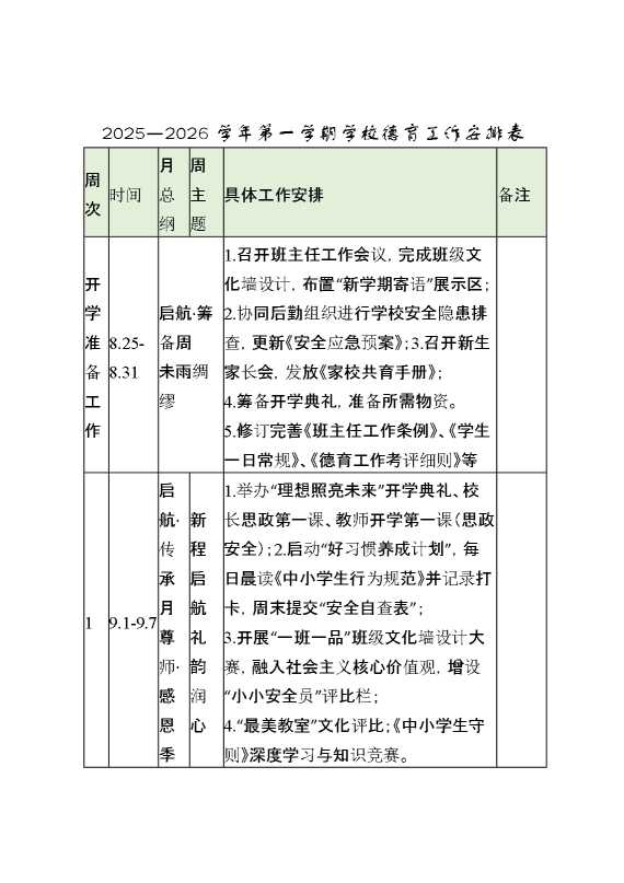 2026学年秋季第一学期学校德育工作安排表
