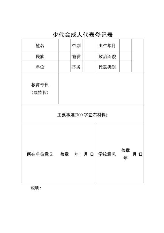 少代会成人代表登记表
