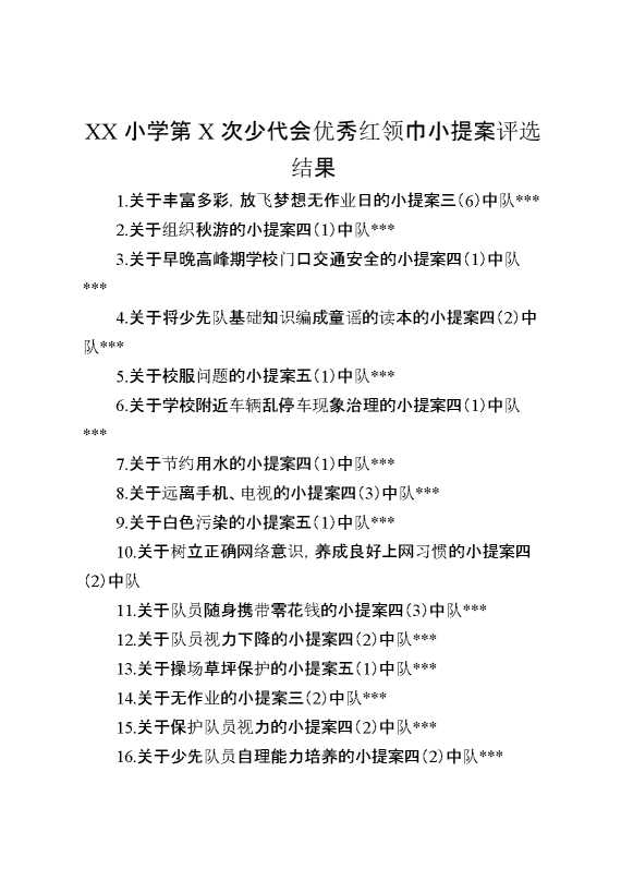某某小学第某次少代会优秀红领巾小提案评选结果
