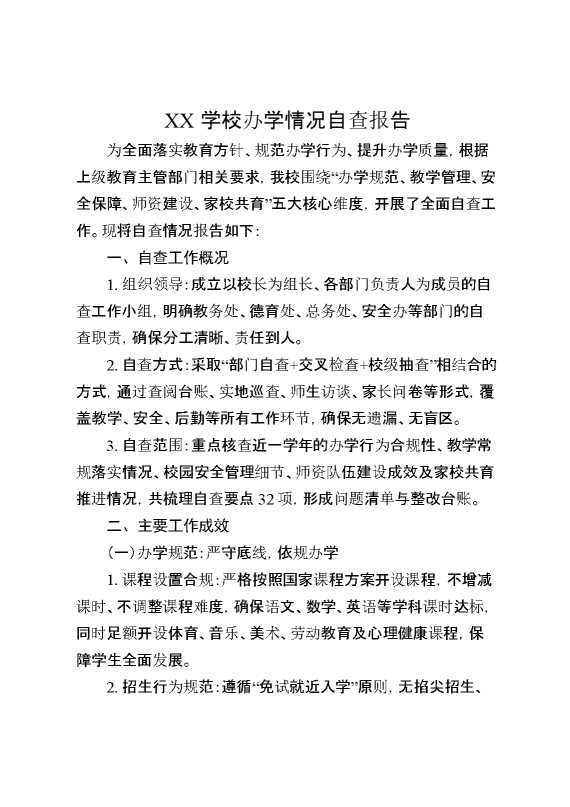 某某学校办学情况自查报告