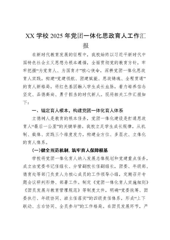 某某学校2025年党团一体化思政育人工作汇报