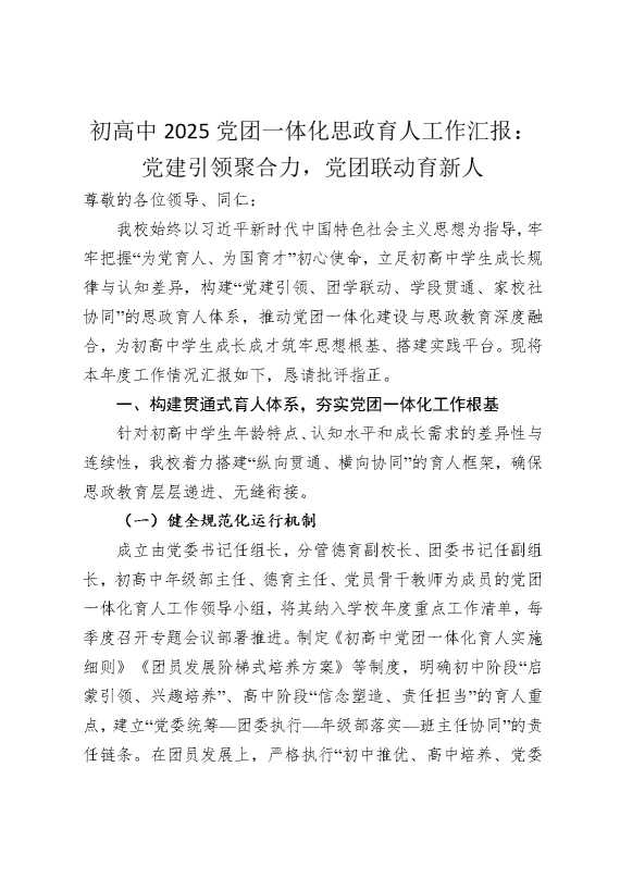 初高中2025党团一体化思政育人工作汇报：党建引领聚合力，党团联动育新人