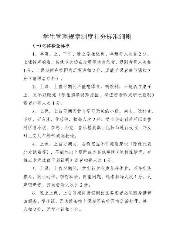 学生管理规章制度扣分标准细则