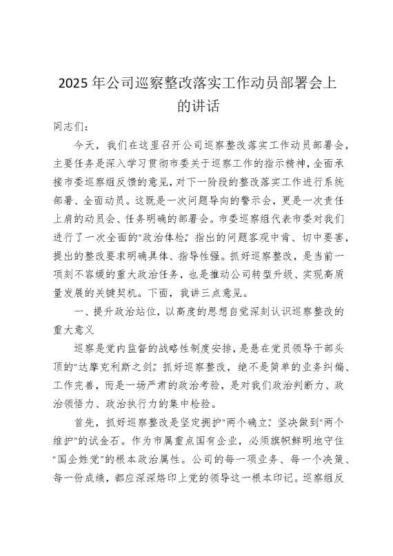 2025年公司巡察整改落实工作动员部署会上的讲话