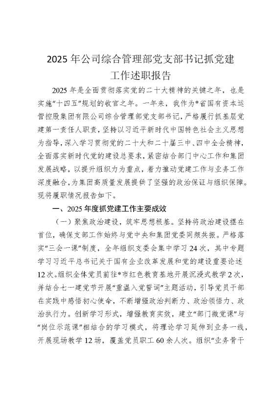 2025年公司综合管理部党支部书记抓党建工作述职报告
