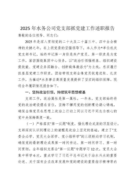 2025年水务公司党支部抓党建工作述职报告