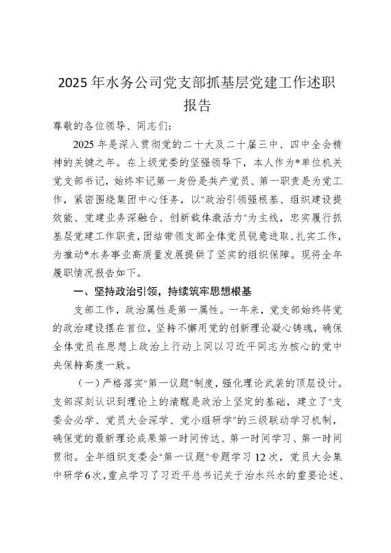 2025年水务公司党支部抓基层党建工作述职报告