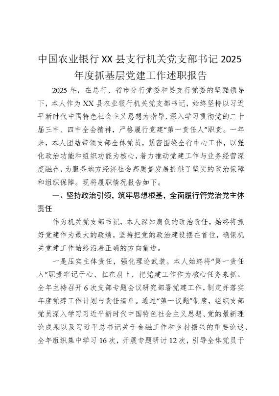 中国农业银行某某县支行机关党支部书记2025年度抓基层党建工作述职报告