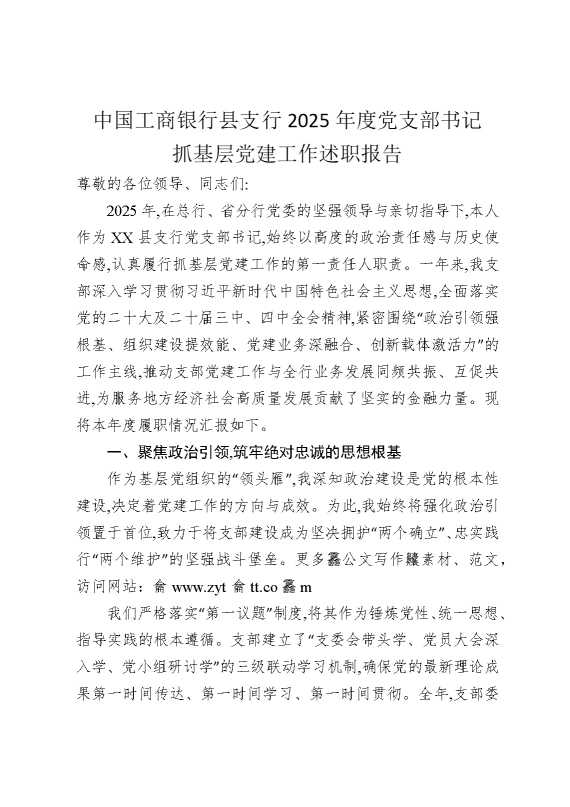 中国工商银行县支行2025年度党支部书记抓基层党建工作述职报告