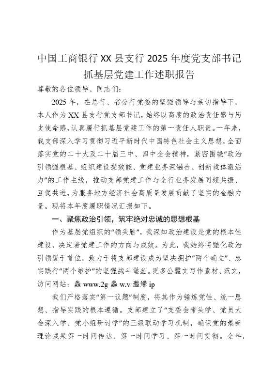 中国工商银行某某县支行2025年度党支部书记抓基层党建工作述职报告