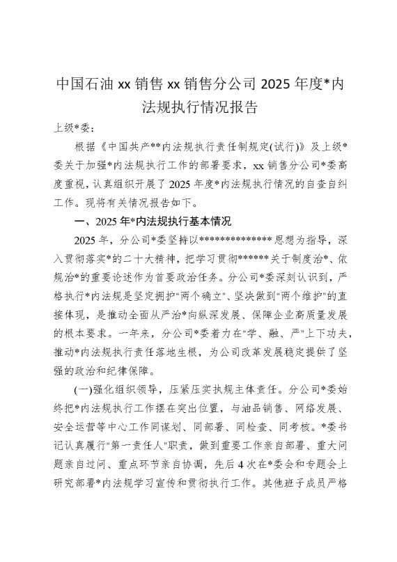 中国石油某某销售某某销售分公司2025年度党内法规执行情况报告