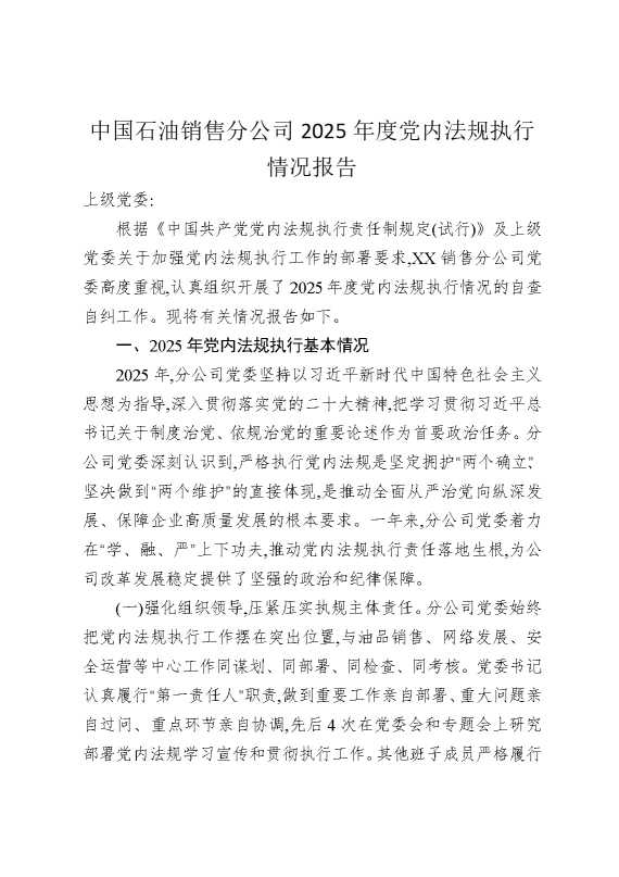 中国石油销售分公司2025年度党内法规执行情况报告