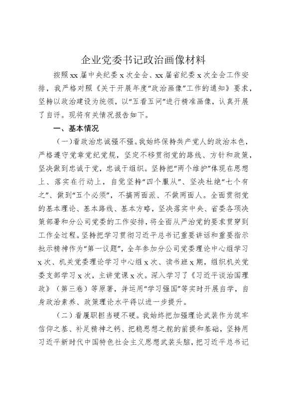 企业党委书记政治画像材料