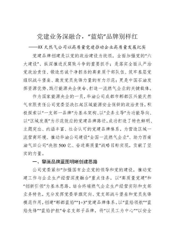 党建业务深融合，“蓝焰”品牌别样红——某某天然气公司以高质量党建推动企业高质量发展纪实