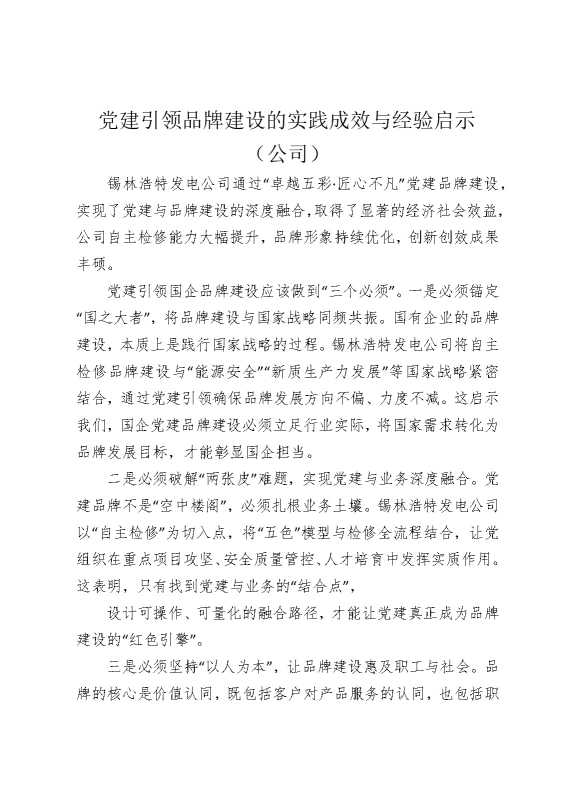 党建引领品牌建设的实践成效与经验启示（公司）