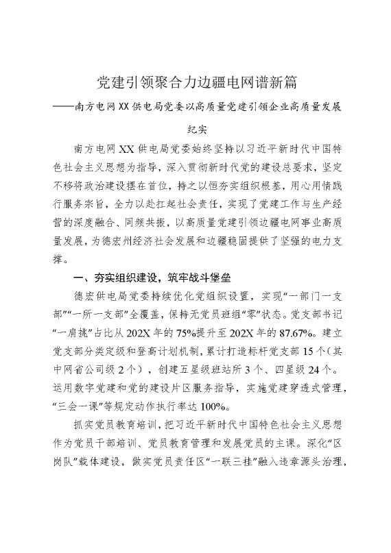 党建引领聚合力，边疆电网谱新篇——南方电网某某供电局党委以高质量党建引领企业高质量发展纪实