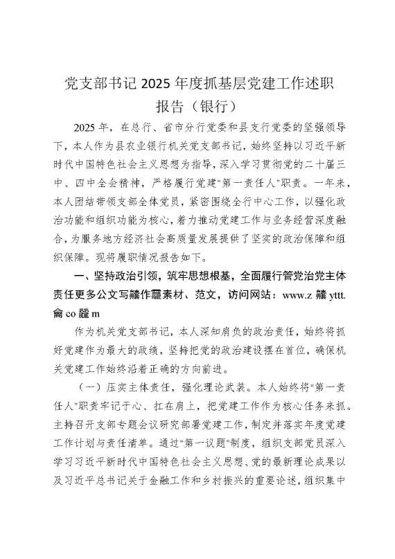 党支部书记2025年度抓基层党建工作述职报告（银行）