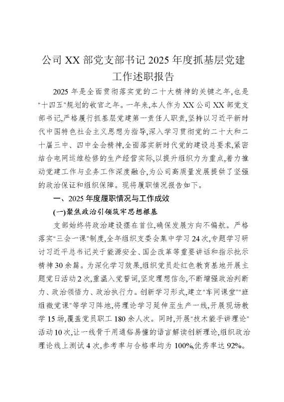 公司某某部党支部书记2025年度抓基层党建工作述职报告