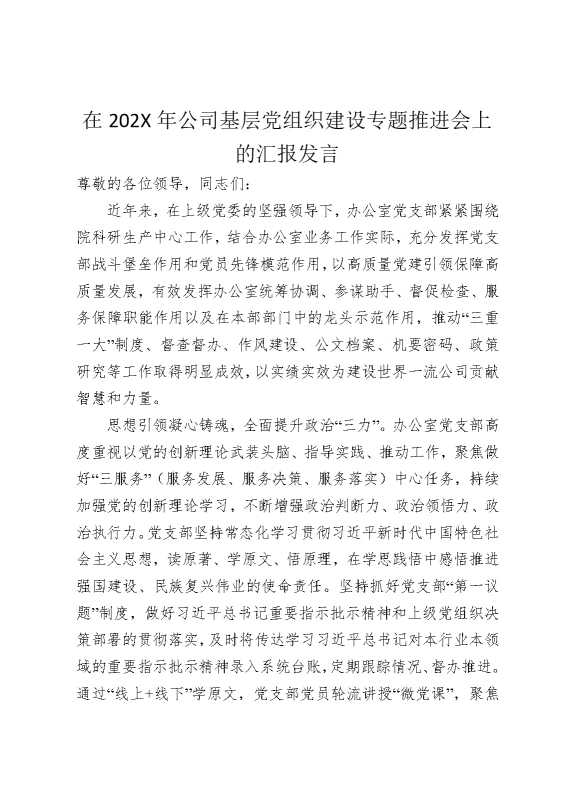 在2025年公司基层党组织建设专题推进会上的汇报发言