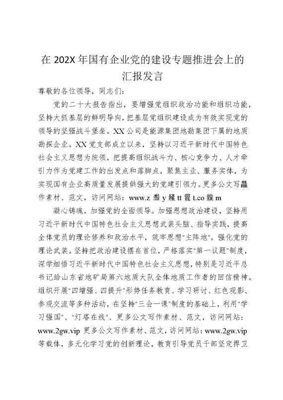在2025年国有企业党的建设专题推进会上的汇报发言