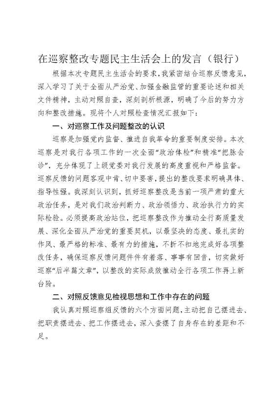 在巡察整改专题民主生活会上的发言（银行）