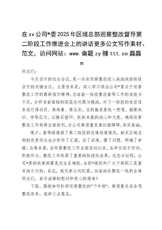在某某公司党委2025年区域总部巡察整改督导第二阶段工作推进会上的讲话