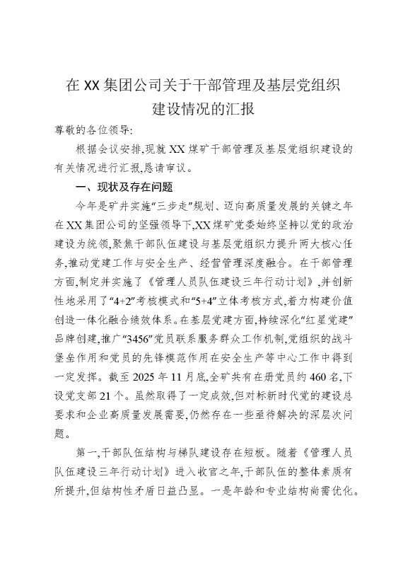 在某某集团公司关于干部管理及基层党组织建设情况的汇报