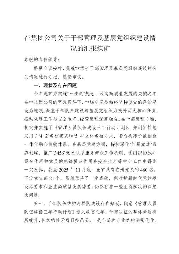在集团公司关于干部管理及基层党组织建设情况的汇报煤矿