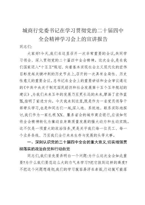 城商行党委书记在学习贯彻党的二十届四中全会精神学习会上的宣讲报告