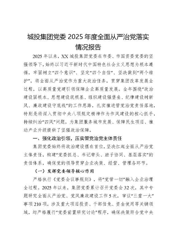 城投集团党委2025年度全面从严治党落实情况报告