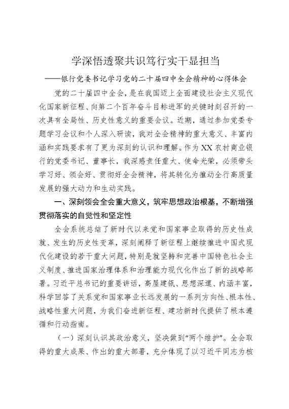 学深悟透聚共识，笃行实干显担当——银行党委书记学习党的二十届四中全会精神的心得体会