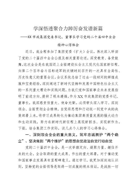 学深悟透聚合力，踔厉奋发谱新篇——某某市政集团党委书记，董事长学习党的二十届四中全会精神心得体会