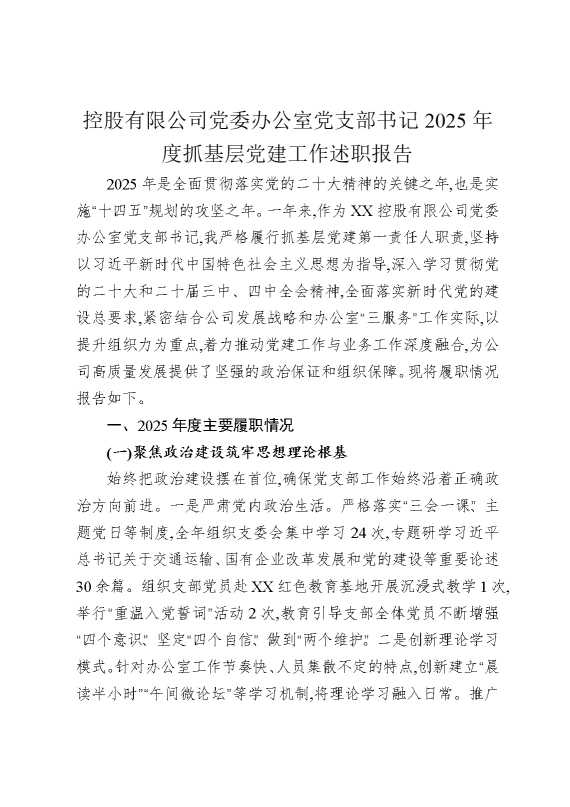 控股有限公司党委办公室党支部书记2025年度抓基层党建工作述职报告