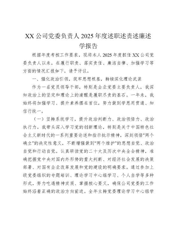 某某公司党委负责人2025年度述职述责述廉述学报告