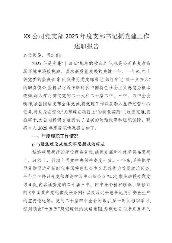 某某公司党支部2025年度支部书记抓党建工作述职报告