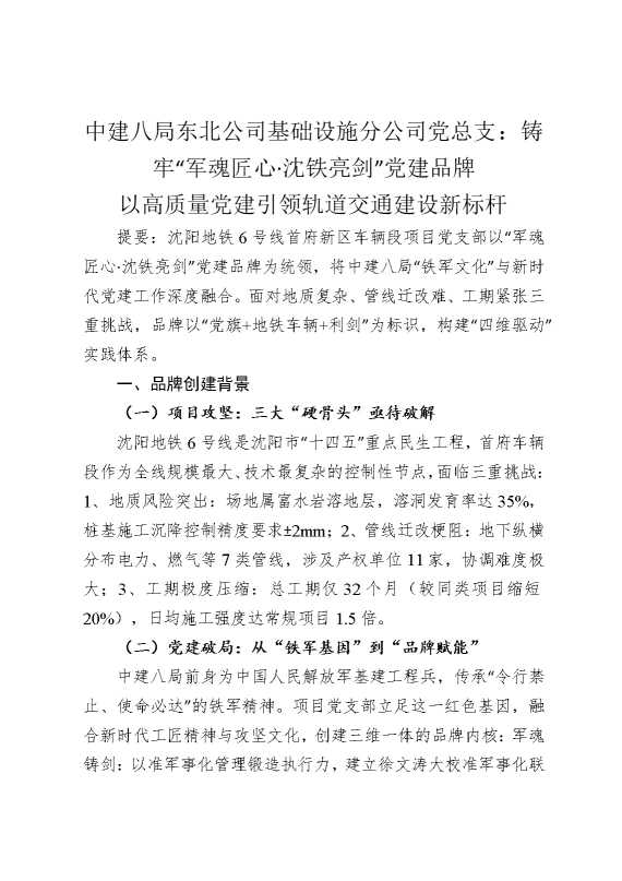 某某公司基础设施分公司党总支：铸牢“军魂匠心，沈铁亮剑”党建品牌以高质量党建引领轨道交通建设新标杆