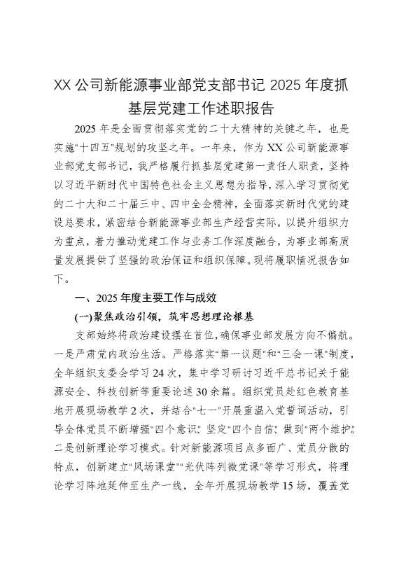 某某公司新能源事业部党支部书记2025年度抓基层党建工作述职报告