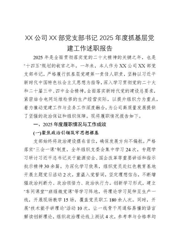某某公司某某部党支部书记2025年度抓基层党建工作述职报告