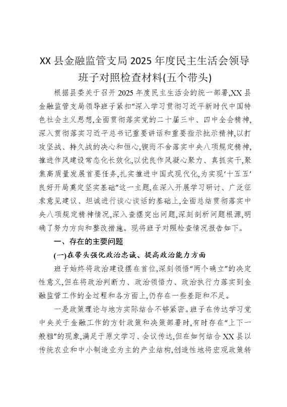 某某县金融监管支局2025年度民主生活会领导班子对照检查材料（五个带头）